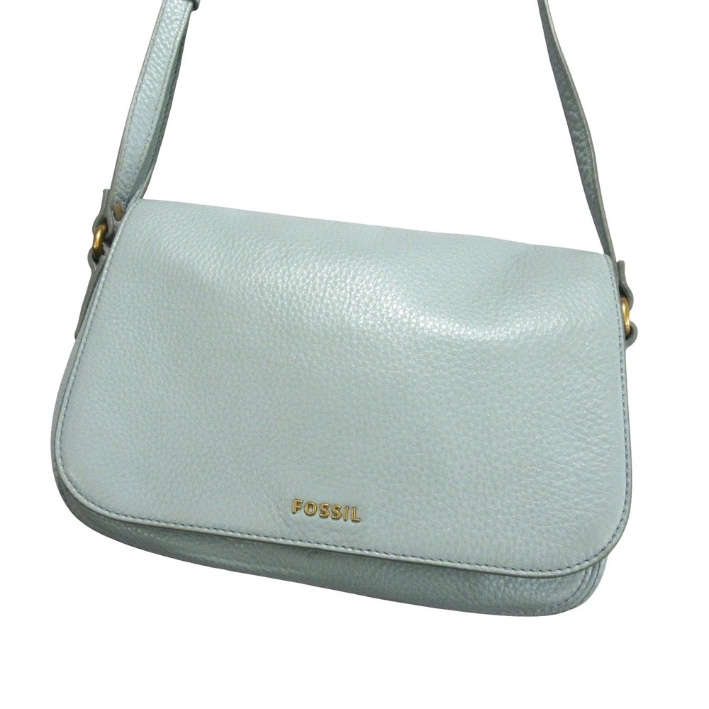 Fossil Womens Crossbody Bag Small Light Blue Pebbled Leather Flap Adjustable